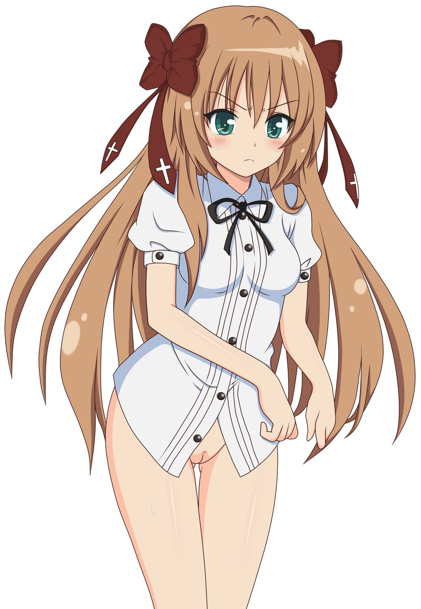 1girl absurdres blush bottomless brown_hair green_eyes highres legs mayoi_neko_overrun! no_panties nude_filter photoshop pussy serizawa_fumino solo thighs uncensored