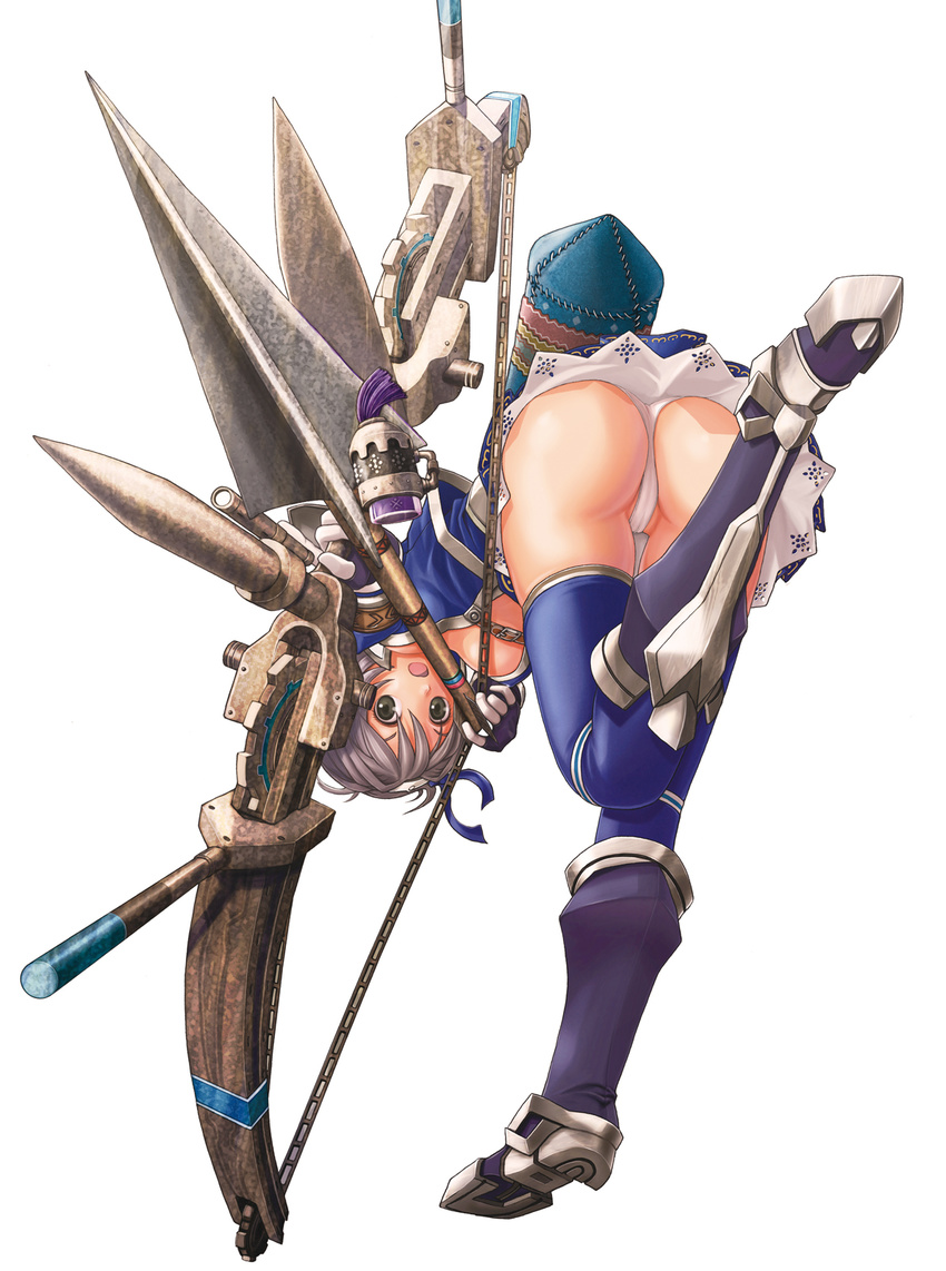 armor ass asuru_(armor) bent_over boots bow_(weapon) foreshortening from_behind gloves greaves green_eyes grey_hair highres huge_weapon monster_hunter panties skirt thighhighs underwear v-mag weapon white_panties