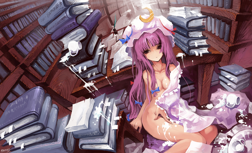 :&lt; bangs blunt_bangs book bookmark bookshelf bow breasts crescent cup desk expressionless fisheye hair_bow hair_censor hair_over_breasts hat hime_cut leaning_back library long_hair medium_breasts milk no_nose nude patchouli_knowledge purple_hair quill rained ribbon sitting solo spill suggestive_fluid teacup touhou voile