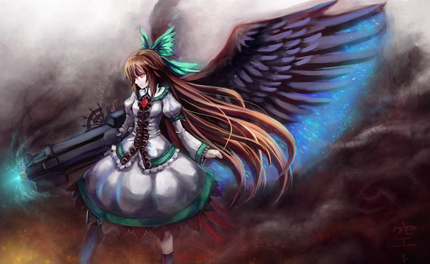 adapted_costume alternate_weapon arm_cannon black_wings bow brown_hair bryanth cape expressionless eyes hair_bow highres large_wings long_hair red_eyes reiuji_utsuho solo touhou weapon wings
