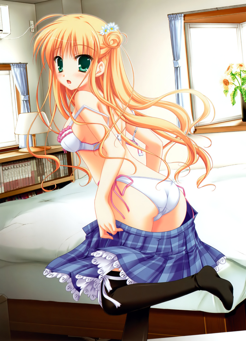 absurdres aoyama_tsukasa bed blonde_hair bra dressing flower green_eyes hair_flower hair_ornament highres lingerie long_hair looking_at_viewer natsu_yume_nagisa open_bra panties sesena_yau skirt skirt_pull solo standing standing_on_one_leg thighhighs underwear underwear_only white_bra white_panties window