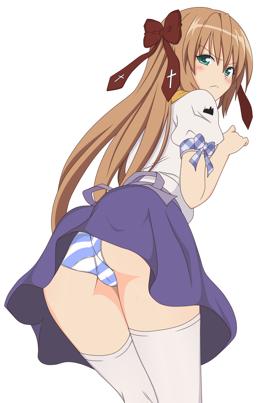 :&lt; angry ass blush brown_hair frown green_eyes highres long_hair looking_back mayoi_neko_overrun! panties pantyshot ribbon serizawa_fumino solo striped striped_panties thighhighs trefoil underwear upskirt vector_trace yabuki_kentarou