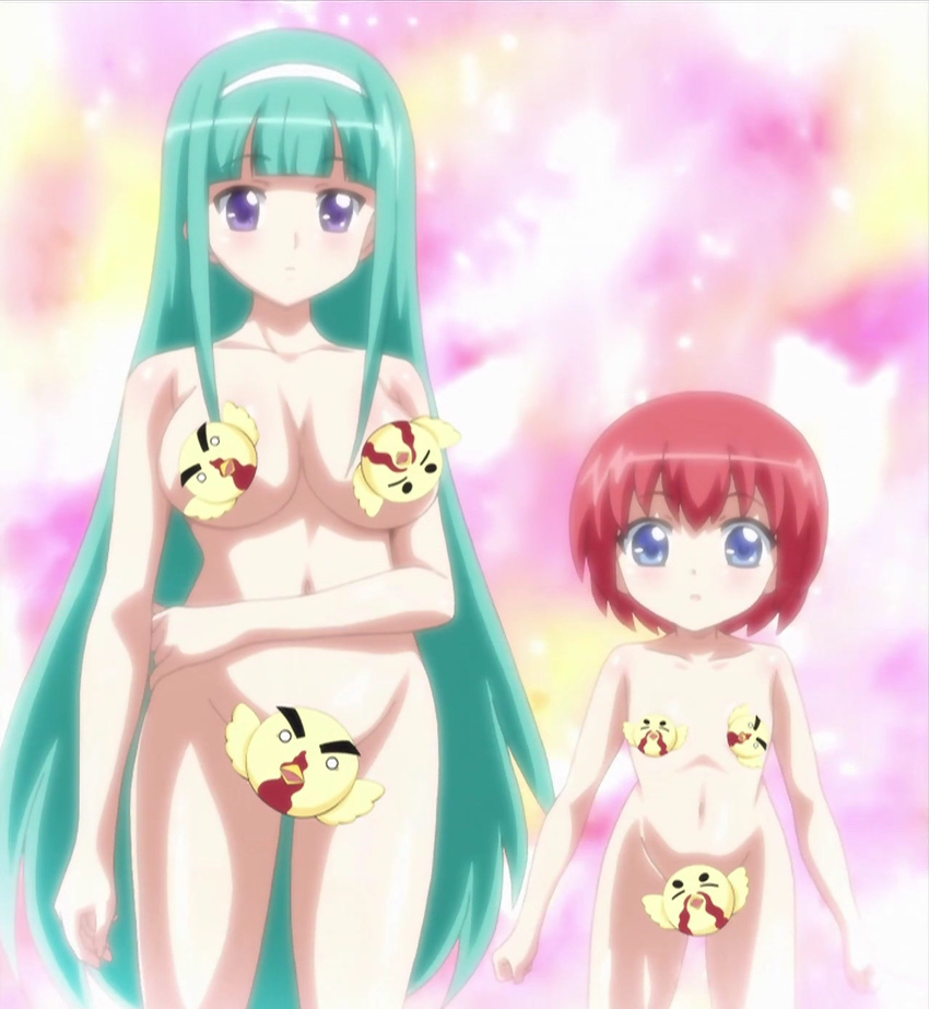 :o =_= aqua_hair bird blue_eyes blush bob_cut breasts carol_(weiss_survive) censored chicken child flat_chest groin hairband highres large_breasts long_hair multiple_girls novelty_censor nude o_o open_mouth purple_eyes red_hair rooster screencap shizzle short_hair standing surprised very_long_hair weiss_survive weiss_survive_r