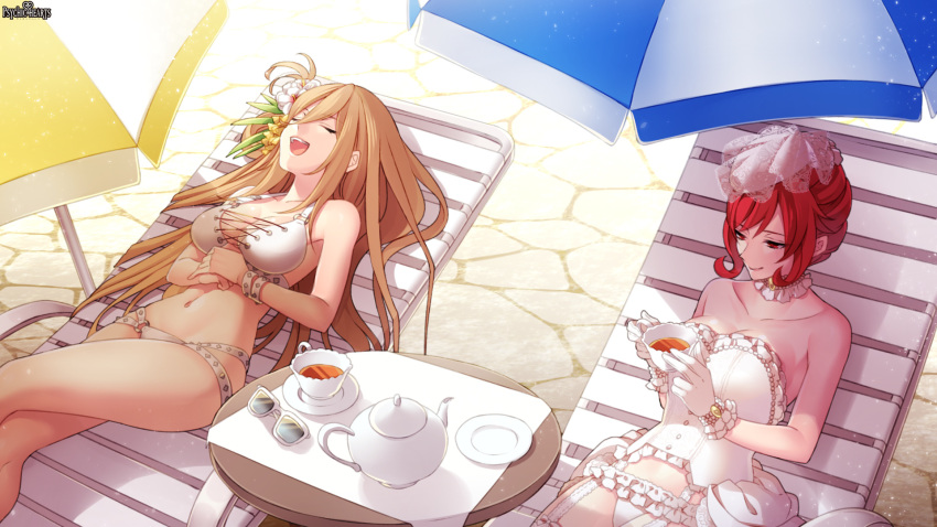 2girls bare_shoulders beach_umbrella bikini blonde_hair breasts bustier chair choker cleavage collarbone cup day eyes_closed eyewear_removed flower frilled_choker frills garter_straps gloves hair_between_eyes hair_flower hair_ornament hands_on_own_stomach hands_on_stomach highres holding holding_cup kerberos_blade legs_crossed long_hair looking_away lounge_chair lying medium_breasts multi-strapped_bikini multiple_girls navel on_back outdoors parasol red_hair saucer shade short_hair sleeping smile studded_bracelet sunglasses sunlight swimsuit takamiya_ren tea teacup teapot umbrella very_long_hair white_bikini white_bikini_bottom white_gloves