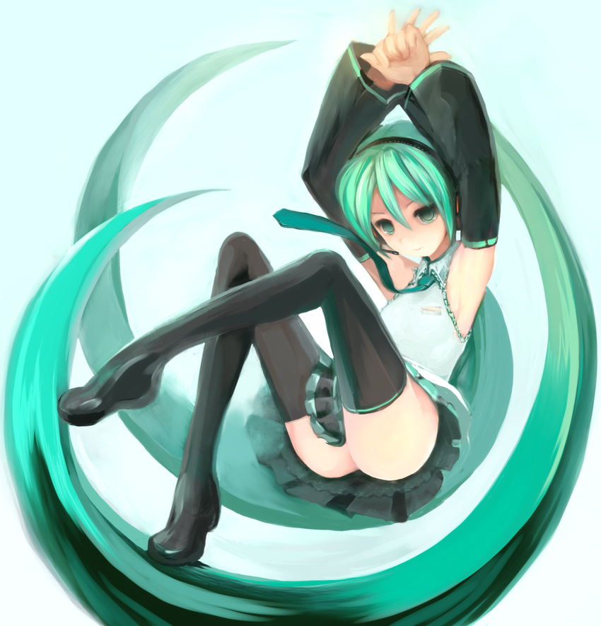 aqua_eyes aqua_hair armpits arms_up ass boots detached_sleeves hands hatsune_miku headphones headset kasutaso long_hair necktie no_panties petticoat ribbon sitting skirt solo thigh_boots thighhighs twintails very_long_hair vocaloid zettai_ryouiki