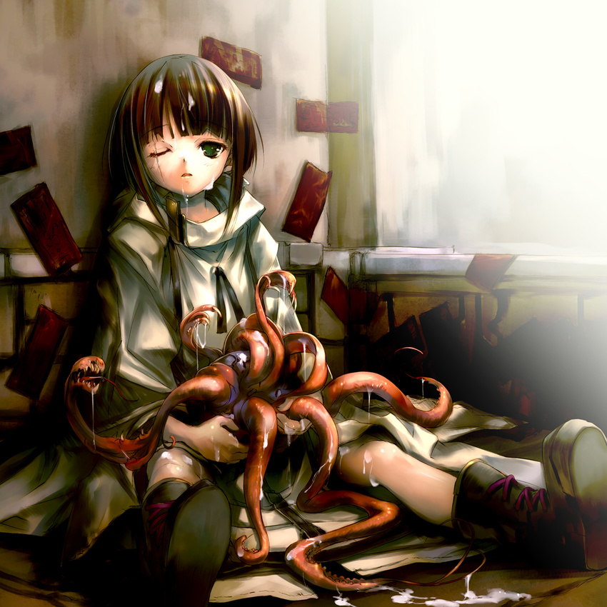 2009 bangs blunt_bangs boots brown_hair cape cum cum_on_hair expressionless full_body green_eyes highres hitomaru indoors monster one-eyed open_mouth original room scar sitting solo spread_legs tentacles