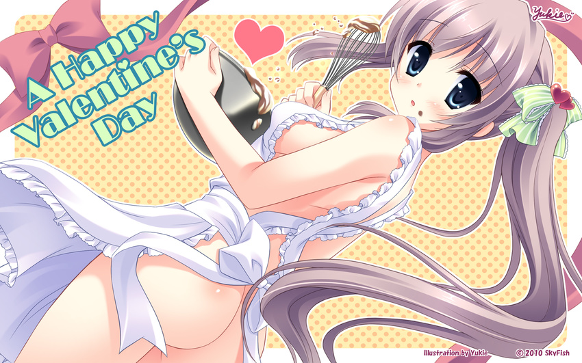 apron ass blush bowl breasts copyright_request hair_ribbon heart highres long_hair medium_breasts naked_apron ribbon side_ponytail sideboob solo wallpaper whisk yukie_(peach_candy)