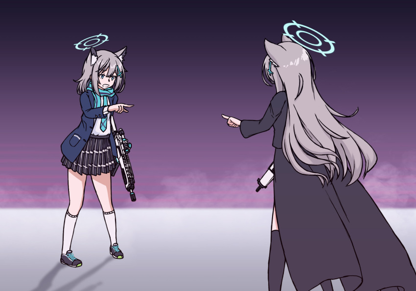 2girls animal_ears assault_rifle blue_archive blue_eyes dual_persona grey_hair gun hair_ornament halo highres long_hair marvel medium_hair meme mismatched_pupils multiple_girls necktie pointing_spider-man_(meme) rifle scarf school_uniform shiroko_(blue_archive) shoes sig_sauer sig_sauer_556 skirt sneakers socks spider-man_(series) weapon wolf_ears xandier59