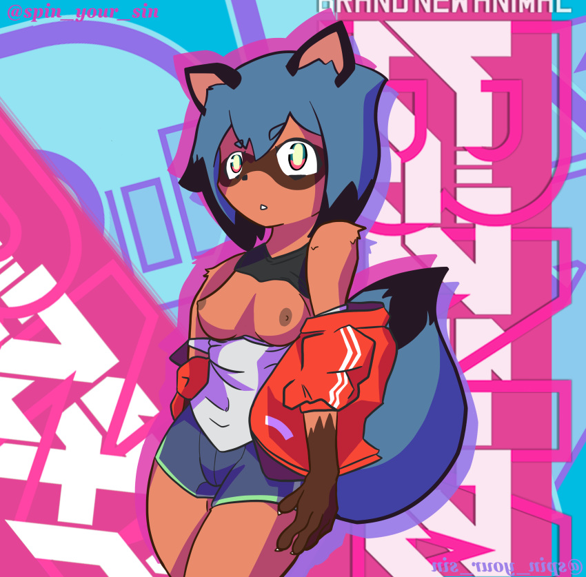 absurd_res anthro areola black_hair blue_hair brand_new_animal breasts brown_body brown_fur canid canine clothed clothing clothing_aside female fur hair hi_res looking_at_viewer mammal michiru_kagemori partially_clothed raccoon_dog solo spin_your_sin studio_trigger tanuki
