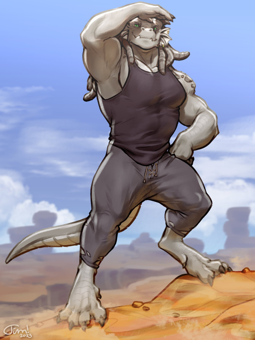 anthro athletic athletic_male clothing dragon ferrhis green_eyes grey_body grey_scales hi_res male mountain_range muscular muscular_anthro muscular_male piercing scales shirt solo sweatpants tank_top timdoodles topwear