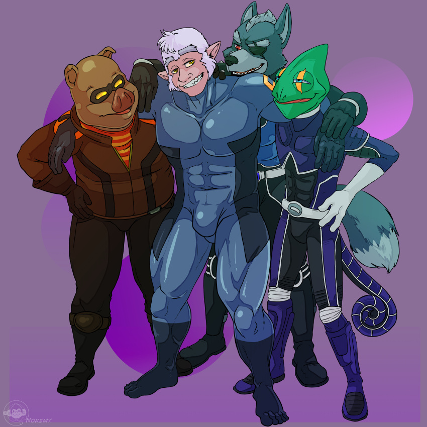 andrew_oikonny anthro bodysuit bulge clothing delicatessen embrace group group_hug hi_res hug latex leon_powalski male male/male nintendo pigma_dengar rubber rubber_clothing rubber_suit skinsuit star_fox tight_clothing wolf_o'donnell