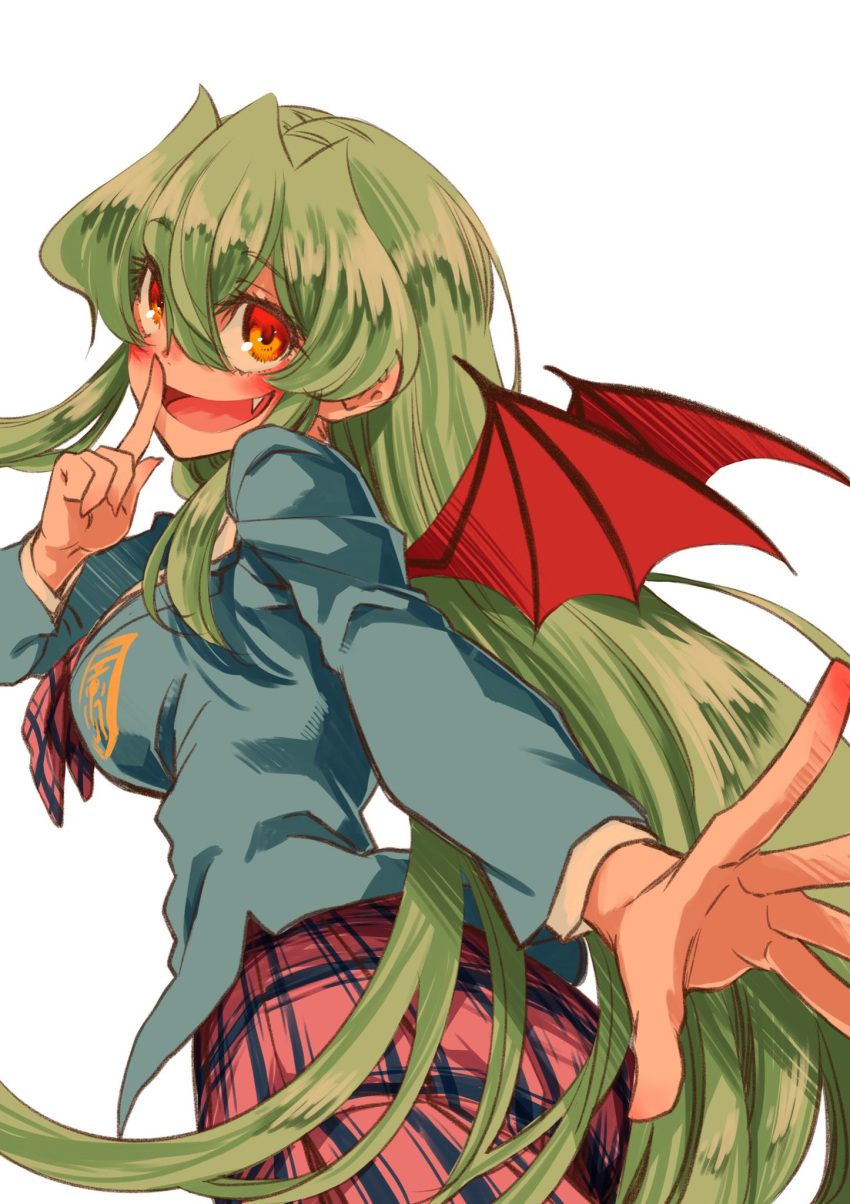 1girl bangs bat_wings blush breasts commentary_request fang from_behind green_hair hair_between_eyes highres index_finger_raised jitsu_wa_watashi_wa long_hair masuda_eiji medium_breasts official_art open_mouth orange_eyes reaching_towards_viewer school_uniform shiragami_youko simple_background smile solo twisted_torso underwear upskirt vampire very_long_hair white_background wings