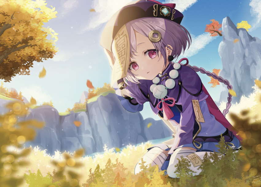 1girl absurdres bead_necklace beads braid chinese_clothes coin_hair_ornament earrings genshin_impact grass hair_ornament hand_on_own_head hand_up hat highres jewelry kinaco_4738 long_hair long_sleeves mountain necklace ofuda parted_lips purple_eyes purple_hair purple_headwear qing_guanmao qiqi_(genshin_impact) single_braid sitting solo thighhighs vision_(genshin_impact) wariza white_thighhighs zettai_ryouiki