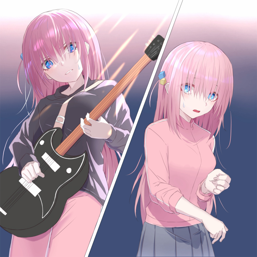 1girl absurdres bangs black_sweater bloom blue_background blue_eyes bocchi_the_rock! breasts clenched_teeth commentary_request cube_hair_ornament dande_cat eyelashes gotou_hitori grey_skirt guitar hair_between_eyes hair_ornament highres holding holding_instrument instrument jacket large_breasts long_hair looking_down looking_to_the_side miniskirt one_side_up open_mouth pants pink_hair pleated_skirt skirt solo straight_hair sweatdrop sweater teeth track_jacket track_pants track_suit v-shaped_eyebrows very_long_hair