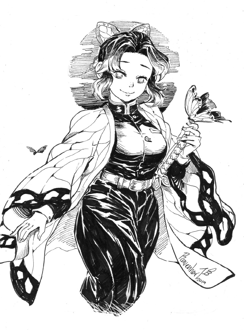 1girl 2019 absurdres belt breasts bug butterfly butterfly_hair_ornament commentary cropped_legs demon_slayer_uniform english_commentary greyscale hair_ornament haori hatching_(texture) highres ink_(medium) japanese_clothes kimetsu_no_yaiba kochou_shinobu large_breasts monochrome ravenhart signature smile solo sword traditional_media weapon