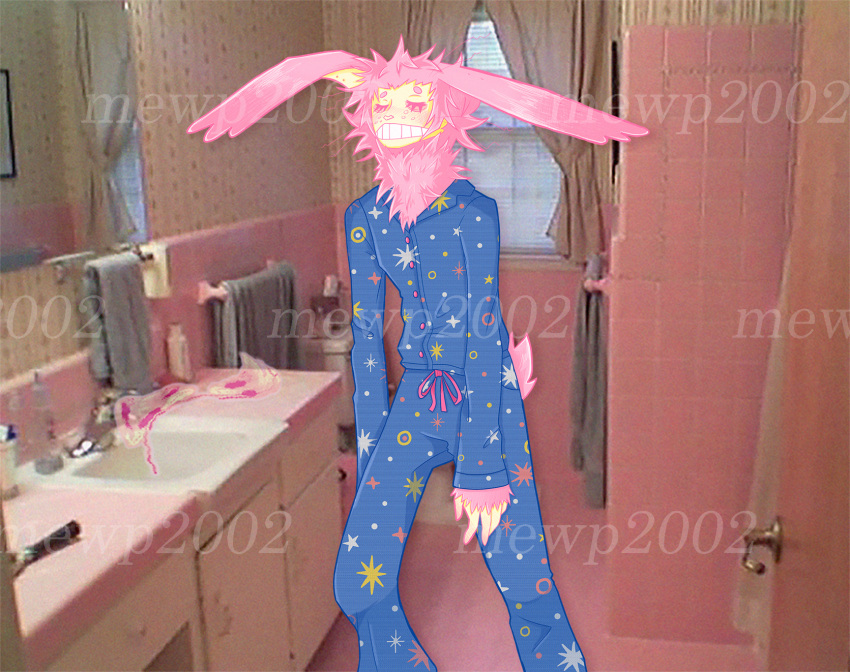 ambiguous_gender angora_rabbit anthro bathroom blush blush_lines cheek_tuft chest_fur chest_tuft chi_(mewp2002) circle_eyebrows clothed clothed_anthro clothing detailed dewlap_(anatomy) digital_media_(artwork) digitigrade domestic_rabbit eye_bags eyebrows eyelashes eyes_closed facial_tuft fur ghost gradient_fur hair hi_res humanoid_hands hunched_over lagomorph leporid long_ears long_fur long_hair mammal markings messy_hair mewp2002 original_character_do_not_steal oryctolagus pajamas permagrin permasmile photo_background piercing pink_body pink_eyes pink_fur pink_hair rabbit short_tail slumped solo spirit standing star tail tail_tuft tan_face tan_hands teeth teeth_showing teeth_visible tired tired_eyes tuft tufted_ears tufted_fur watermark whisker_markings whisker_spots whiskers