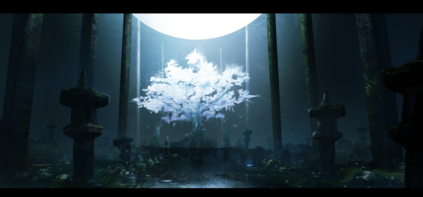 absurdres cherry_blossoms grass haru_akira highres light moss no_humans original scenery stone_lantern tree