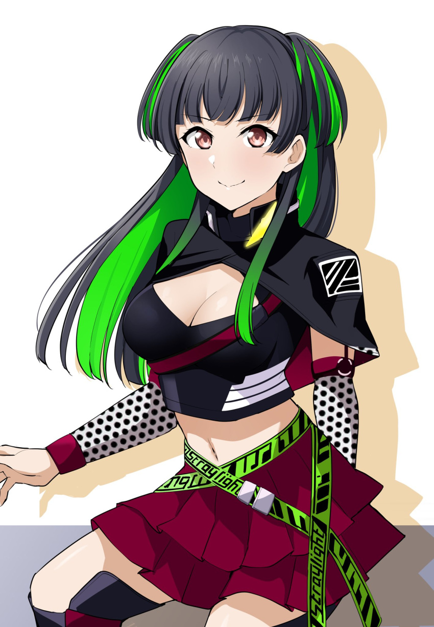 1girl barkhorn0331 belt black_capelet black_hair breasts brown_eyes capelet cleavage cleavage_cutout closed_mouth clothes_writing clothing_cutout crop_top detached_sleeves green_hair highres idolmaster idolmaster_shiny_colors long_hair looking_at_viewer mayuzumi_fuyuko miniskirt multicolored_hair navel official_alternate_costume polka_dot red_skirt skirt smile solo thighs two-tone_hair