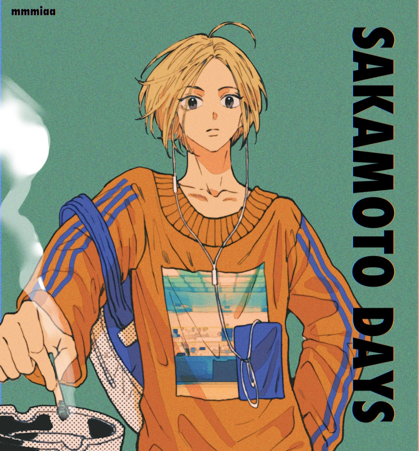 1boy ashtray black_eyes blonde_hair blue_stripes cigarette copyright_name earphones green_background highres holding holding_cigarette korean_commentary long_sleeves looking_at_viewer male_focus mmmiaa orange_shirt print_shirt sakamoto_days shin_(sakamoto_days) shirt smoke solo twitter_username