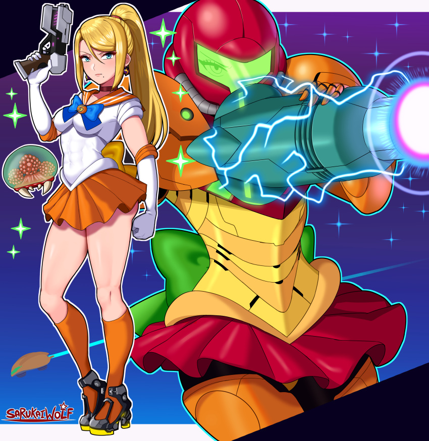 1girl absurdres aqua_eyes arm_cannon armor bishoujo_senshi_sailor_moon blonde_hair cosplay finger_on_trigger firing gun helmet high_ponytail highres holding holding_gun holding_weapon long_hair looking_at_viewer metroid metroid_(classic) metroid_(creature) metroid_fusion miniskirt mole mole_under_mouth multiple_views orange_skirt orange_socks plasma_pistol power_suit power_suit_(metroid) sailor_venus sailor_venus_(cosplay) samus_aran sarukaiwolf school_uniform serafuku skirt socks thighs weapon zero_suit