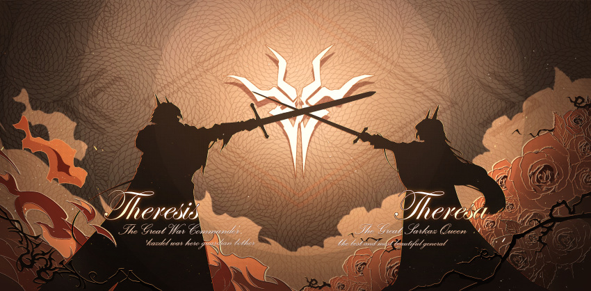 1boy 1girl absurdres arknights character_name crossed_swords english_text fire floating_hair floral_background from_side highres holding holding_sword holding_weapon horns jueduihuoli long_hair outstretched_arm silhouette sword theresa_(arknights) theresis_(arknights) thorns very_long_hair weapon