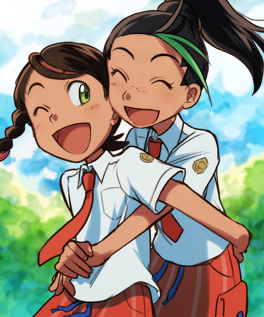 2girls ;d ^_^ bangs blush braid breast_pocket brown_hair closed_eyes cloud cloudy_sky collared_shirt commentary day elizabeth_(tomas21) eyelashes freckles green_eyes green_hair happy highres hug hug_from_behind juliana_(pokemon) logo multicolored_hair multiple_girls necktie nemona_(pokemon) one_eye_closed open_mouth orange_necktie orange_shorts outdoors pocket pokemon pokemon_(game) pokemon_sv ponytail shirt short_sleeves shorts sky smile symbol-only_commentary two-tone_hair white_shirt