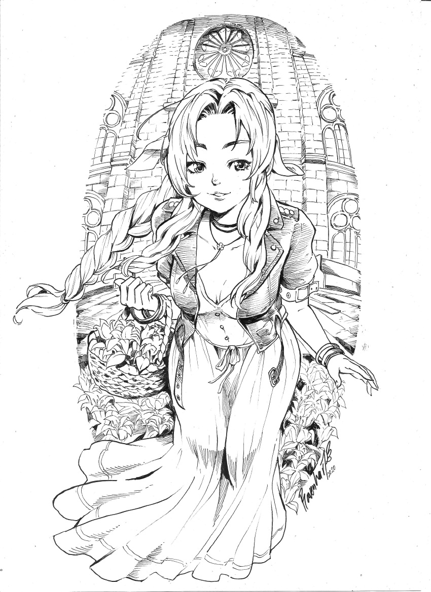 1girl 2020 absurdres aerith_gainsborough basket bracelet braid breasts building cleavage commentary dress english_commentary final_fantasy final_fantasy_vii final_fantasy_vii_remake flower hatching_(texture) highres holding holding_basket ink_(medium) jacket jewelry leaning_forward long_dress long_hair medium_breasts monochrome ravenhart signature single_braid smile solo traditional_media