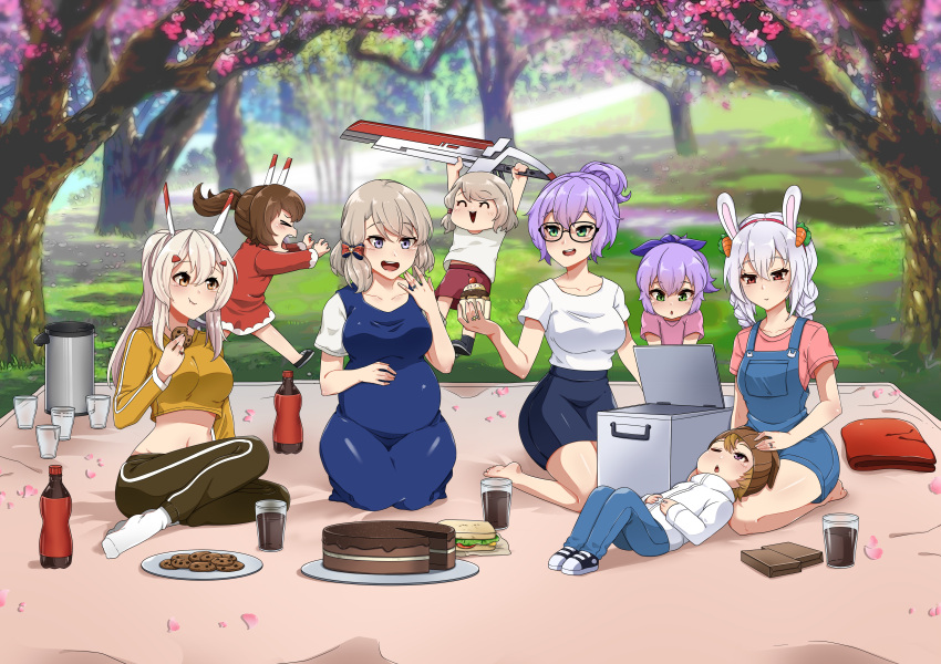 1boy 6+girls absurdres animal_ears ayanami_(azur_lane) azur_lane barefoot black_footwear black_pants black_skirt blonde_hair blue_dress blue_eyes blue_pants blue_ribbon braid brown_hair cake canned_sardines cherry_blossoms chocolate_cake closed_eyes commission cookie crop_top dress eating english_commentary fake_animal_ears food glass glasses green_eyes grey_hair hair_between_eyes hair_ornament hair_ribbon hairband hairclip headgear high_ponytail highres holding holding_sword holding_weapon javelin_(azur_lane) jewelry laffey_(azur_lane) light_brown_hair long_hair long_sleeves medium_hair mother_and_daughter mother_and_son multiple_girls navel one_eye_closed orange_eyes outdoors pants picnic pink_shirt pregnant purple_eyes purple_hair rabbit_ears red_dress red_eyes red_shorts ribbon ring sandwich shirt short_hair shorts sidelocks skirt socks soda_bottle suspenders sword teeth twin_braids upper_teeth_only weapon wedding_ring white_shirt white_socks yellow_shirt z23_(azur_lane)