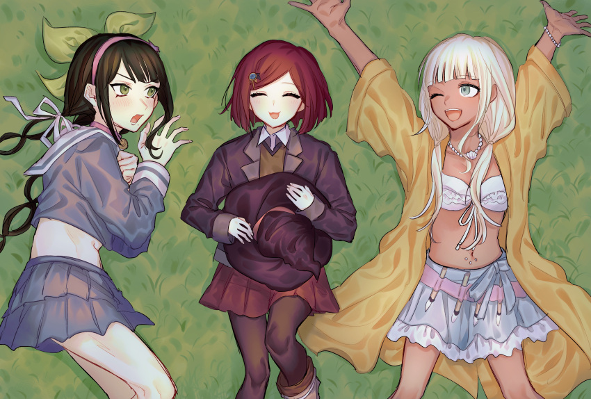 3girls absurdres arms_up artist_request bell belly belt bikini black_hair black_pantyhose blue_eyes chabashira_tenko closed_eyes collar cropped_shirt danganronpa_(series) danganronpa_v3:_killing_harmony dark-skinned_female dark_skin frilled_skirt frills green_eyes hair_ornament hair_ribbon happy hat highres jewelry light_blush long_hair looking_at_another loose_belt low_twintails mole multiple_girls navel neck_bell necklace on_grass one_eye_closed open_mouth paintbrush pantyhose red_hair ribbon school_uniform shell_necklace short_hair skirt smile sweater swimsuit teeth thighs twintails upper_teeth_only white_bikini white_hair witch_hat yonaga_angie yumeno_himiko