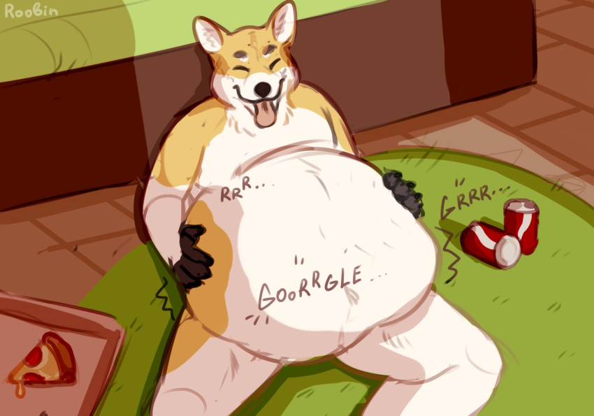 anthro belly big_belly black_nose canid canine colored_sketch eyes_closed food front_view hand_on_stomach happy hi_res hyper hyper_belly inside male mammal nude on_ground open_mouth open_smile pizza roobin signature sketch smile solo tin_can tongue tongue_out white_body yellow_body