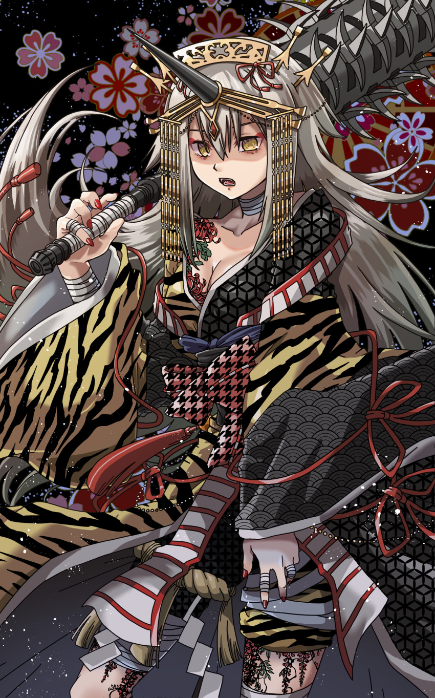 1girl alternate_costume animal_print bandage_on_finger bandaged_fingers bandaged_leg bandaged_neck bandaged_wrist bandages black_background breasts cleavage cowboy_shot flower flower_tattoo forest_(4423) gem grey_hair grey_horns grey_kimono hair_between_eyes hand_up headwear_request highres holding holding_weapon horns houndstooth japanese_clothes kimono kureha_yuna leg_tattoo long_hair looking_at_viewer magia_record:_mahou_shoujo_madoka_magica_gaiden mahou_shoujo_madoka_magica open_mouth print_kimono print_shorts red_gemstone red_nails red_ribbon red_sash ribbon sash seigaiha shorts shoulder_tattoo single_horn solo spider_lily tattoo teeth tiger_print tiger_stripes two-tone_kimono very_long_hair weapon weapon_request yellow_eyes yellow_kimono