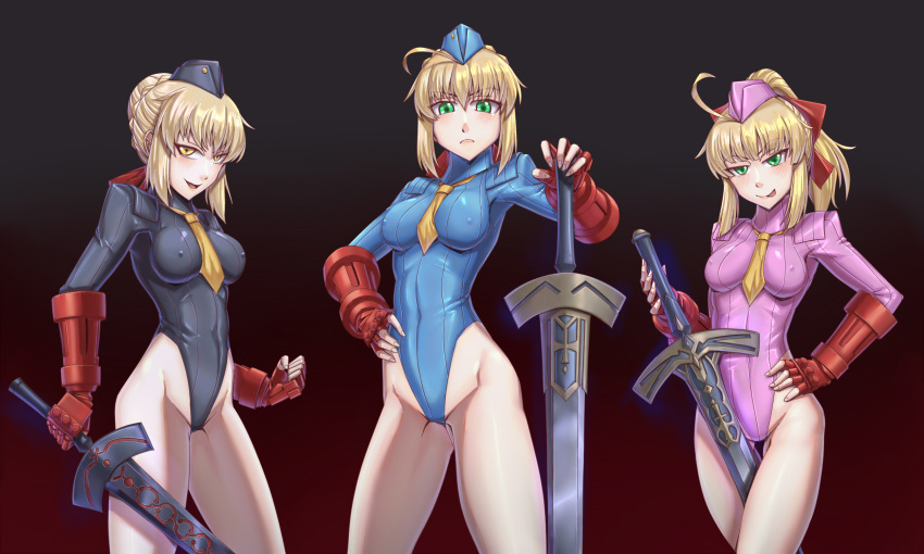 ahoge artoria_pendragon_(fate) blonde_hair breasts cammy_white cammy_white_(cosplay) corruption cosplay dark_persona fate/grand_order fate/stay_night fate/unlimited_codes fate_(series) fingerless_gloves garrison_cap gloves green_eyes hat highleg highleg_leotard highres holding holding_sword holding_weapon leebigtree leotard long_hair looking_at_viewer necktie ponytail red_gloves ribbed_leotard saber saber_alter saber_lily shadaloo_dolls street_fighter street_fighter_zero_(series) sword weapon