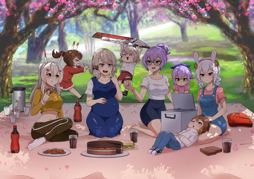 1boy 6+girls absurdres animal_ears ayanami_(azur_lane) azur_lane barefoot black_footwear black_pants black_skirt blonde_hair blue_dress blue_eyes blue_pants blue_ribbon braid brown_hair cake canned_sardines cherry_blossoms chocolate_cake closed_eyes commission cookie crop_top dress eating english_commentary fake_animal_ears food glass glasses green_eyes grey_hair hair_between_eyes hair_ornament hair_ribbon hairband hairclip headgear high_ponytail highres holding holding_sword holding_weapon javelin_(azur_lane) jewelry laffey_(azur_lane) light_brown_hair long_hair long_sleeves medium_hair mother_and_daughter mother_and_son multiple_girls navel one_eye_closed orange_eyes outdoors pants picnic pink_shirt pregnant purple_eyes purple_hair rabbit_ears red_dress red_eyes red_shorts ribbon ring sandwich shadow shirt short_hair shorts sidelocks skirt socks soda_bottle suspenders sword teeth twin_braids upper_teeth_only weapon wedding_ring white_shirt white_socks yellow_shirt z23_(azur_lane)