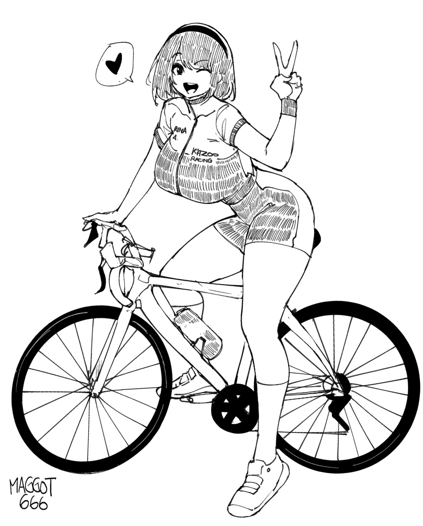 1girl bicycle bike_jersey bike_shorts breasts commission cycling_uniform full_body greyscale ground_vehicle hairband heart highres kneehighs large_breasts looking_at_viewer medium_hair monochrome norman_maggot open_mouth original riding riding_bicycle rina_atherina shoes short_sleeves simple_background sitting smile sneakers socks spoken_heart sweatband thick_thighs thighs v white_background