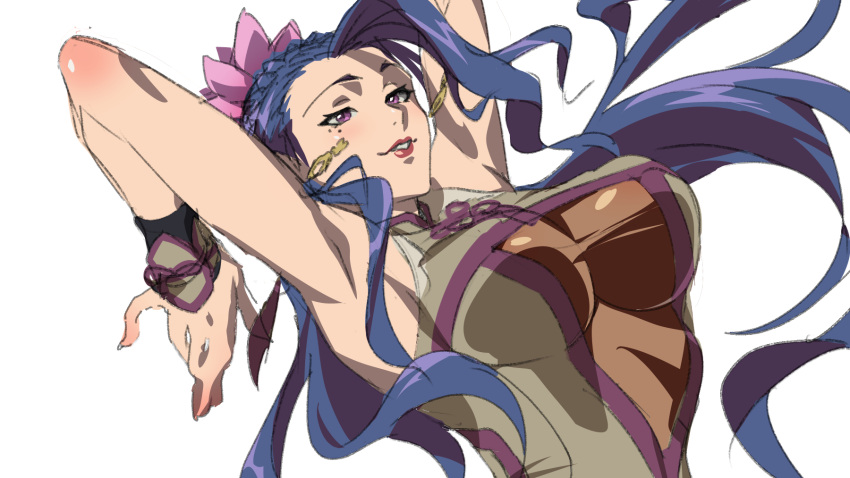 1girl armpits bare_shoulders breasts chinese_clothes clothing_cutout earrings flower hair_flower hair_ornament highres jewelry large_breasts lipstick long_hair luong makeup mole mole_under_eye purple_hair shishimai_(shishimai33) sketch solo the_king_of_fighters the_king_of_fighters_xiv the_king_of_fighters_xv underboob_cutout