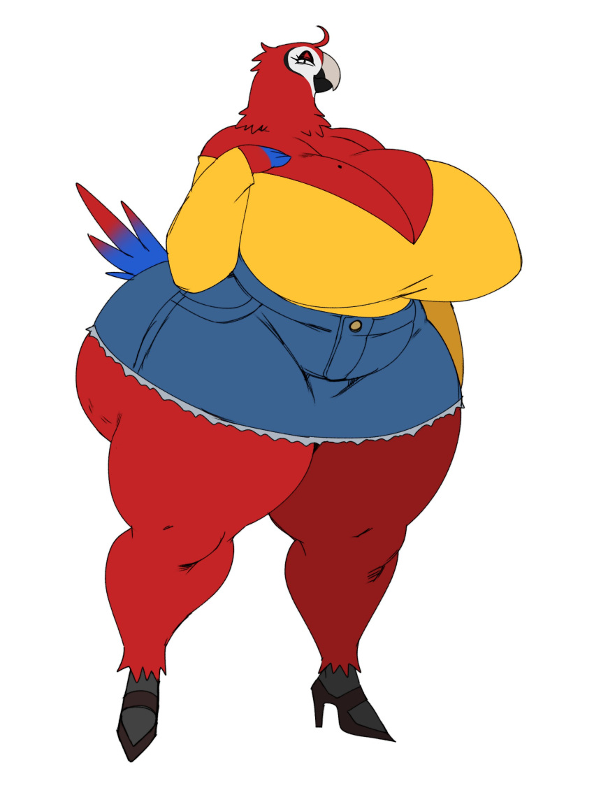 absurd_res anthro avian big_breasts big_butt bird bottomwear breasts butt clothing curvy_figure denim denim_clothing denim_skirt feathers female footwear hi_res high_heels huge_breasts huge_butt katie_(sssonic2) looking_at_viewer markings mole_(marking) mole_on_breast non-mammal_breasts parrot red_body red_feathers shirt skirt slightly_chubby solo sssonic2 thick_thighs topwear voluptuous wide_hips