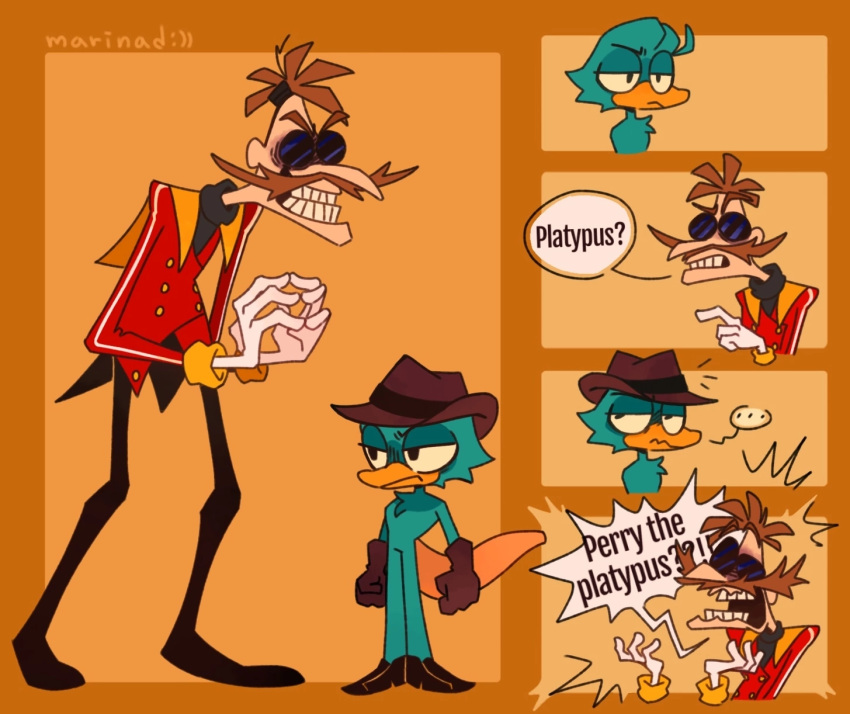 anthro beak blue_body brown_background brown_hair clasped_hands clothing coat dialogue disney dr._heinz_doofenshmirtz duo exclamation_point eyewear facial_hair footwear gloves goggles grin hair handwear hat headgear headwear hi_res human humor male mammal marinad monotreme mustache open_mouth perry_the_platypus phineas_and_ferb plantigrade platypus question_mark sega shocked_expression shoes simple_background size_difference slim smile sonic_the_hedgehog_(series) standing teeth text topwear what white_body