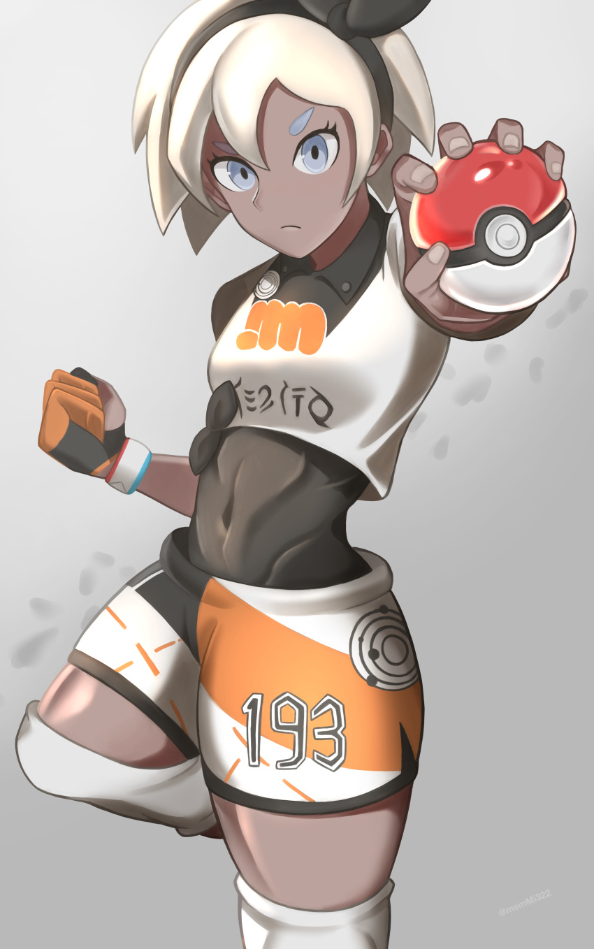 1girl absurdres bangs bea_(pokemon) black_bodysuit black_hairband blonde_hair bodysuit bodysuit_under_clothes bow_hairband clenched_hand collared_shirt commentary_request covered_navel dark-skinned_female dark_skin dynamax_band gloves grey_background grey_eyes hair_between_eyes hairband highres holding holding_poke_ball knee_pads leg_up midzuki_(aimizuai) partially_fingerless_gloves poke_ball poke_ball_(basic) pokemon pokemon_(game) pokemon_swsh print_shirt print_shorts shirt short_hair shorts side_slit side_slit_shorts single_glove solo