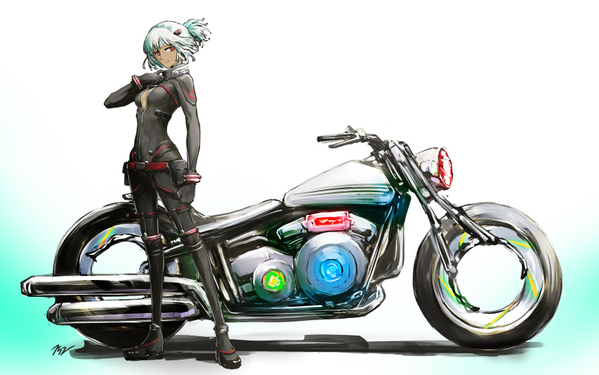 152_in_can 1girl absurdres altera_(fate) alternate_costume belt belt_pouch biker_clothes bikesuit bodysuit breasts cleavage cleavage_cutout clothing_cutout dark-skinned_female dark_skin fate/grand_order fate_(series) gradient_background ground_vehicle hair_ornament highres looking_at_viewer motor_vehicle motorcycle ponytail pouch red_belt red_eyes short_hair skin_tight small_breasts solo standing tan white_hair