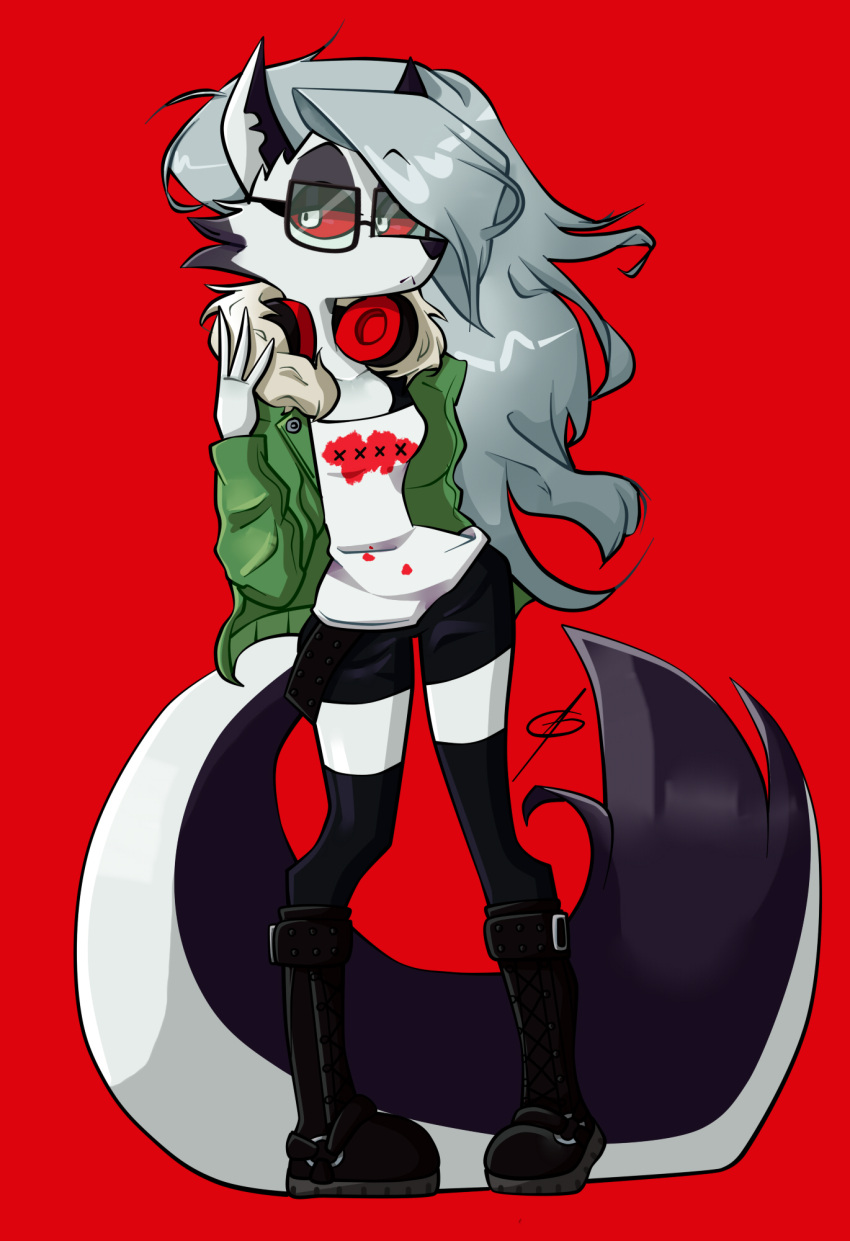 2020 anthro atlus black_bottomwear black_clothing black_shorts boots bottomwear canid canid_demon clothing crossover demon eyewear female fluffy fluffy_tail footwear fur futaba_sakura glasses green_clothing green_jacket green_topwear hair headphones headphones_around_neck hellhound helluva_boss hi_res jacket legwear long_hair long_tail loona_(helluva_boss) mammal megami_tensei megami_tensei_persona nunina red_sclera shirt shorts signature simple_background solo tail thigh_boots thigh_highs topwear white_body white_clothing white_eyes white_fur white_hair white_shirt white_topwear