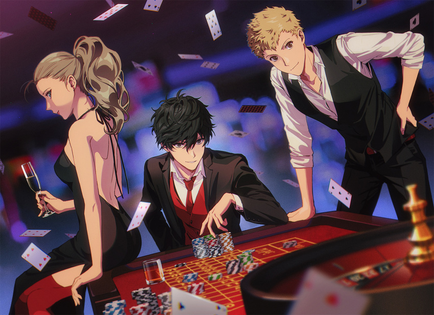 1girl 2boys alcohol amamiya_ren backless_dress backless_outfit belt black_dress black_eyes black_hair blonde_hair blue_eyes brown_eyes card casino champagne champagne_flute collared_shirt cup dress drinking_glass glasses looking_at_viewer multiple_boys necktie persona persona_5 playing_card poker_chip ponytail red_necktie red_thighhighs sakamoto_ryuuji shirt short_hair smile sophie_(693432) table takamaki_anne thighhighs