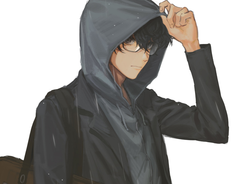 1boy amamiya_ren bangs black_eyes black_hair commentary glasses hair_between_eyes hood hoodie jacket male_focus persona persona_5 rain short_hair simple_background sophie_(693432)