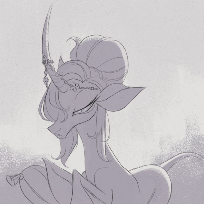 2020 alternate_hairstyle curved_horn digital_drawing_(artwork) digital_media_(artwork) equid equine eyelashes female feral greyscale hair half-closed_eyes hi_res horn horn_jewelry jewelry lindsay_towns long_horn mammal monochrome narrowed_eyes oleander_(tfh) pillow solo them's_fightin'_herds unicorn