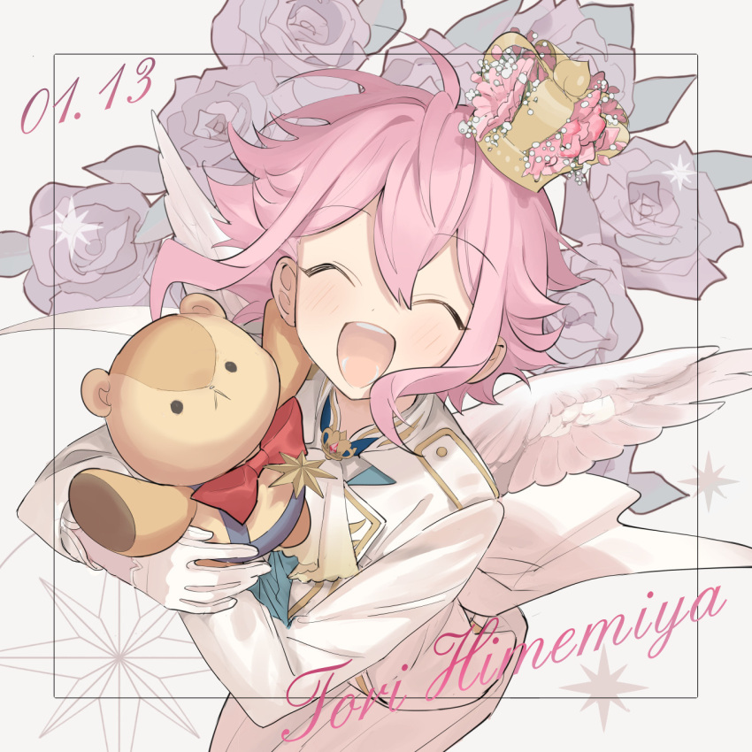 1boy androgynous angel_wings bishounen blush character_name closed_eyes coat crown ensemble_stars! feathered_wings flower highres himemiya_touri long_sleeves looking_at_viewer looking_up male_focus mini_crown open_mouth pants pink_flower pink_hair pink_rose pink_wings purple_flower purple_rose rice_(rice8p) rose short_hair solo stuffed_animal stuffed_toy teddy_bear white_coat white_pants wings