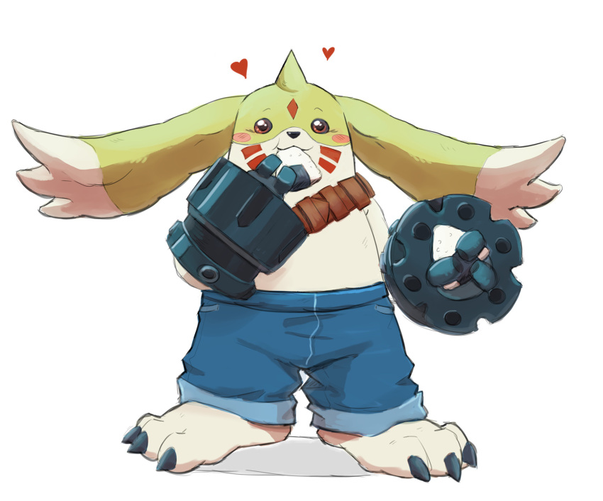 &lt;3 ammo_belt anthro bandai_namco blush bottomwear claws clothing denim denim_clothing digimon digimon_(species) eating food gargomon gun_arm hi_res horn jeans long_ears male onigiri pants rice shirtless smile solo summertree4816