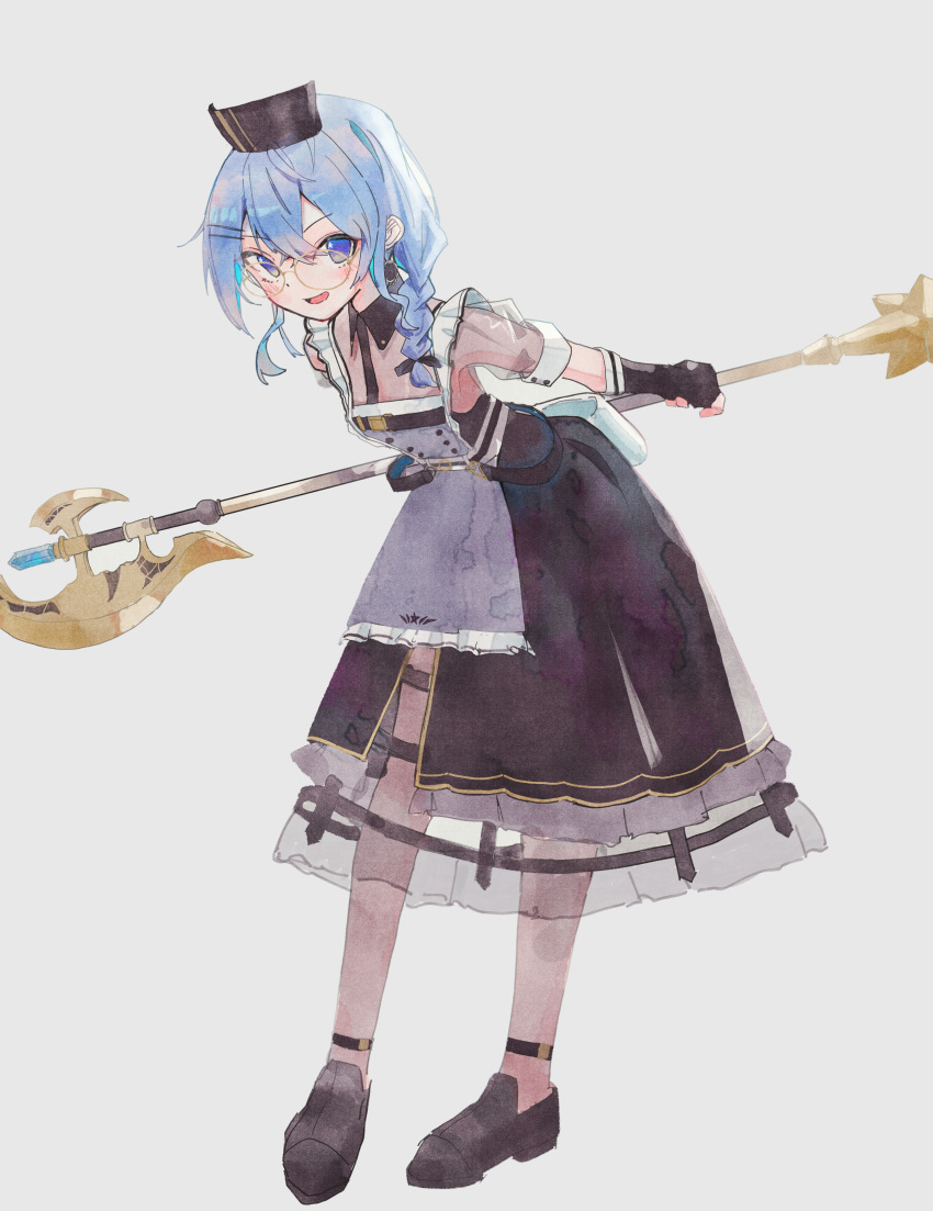 1girl absurdres ankle_strap apron bangs bardiche_(weapon) black_dress black_gloves black_pantyhose blue_eyes blue_hair braid breasts brianlee709 collared_dress crinoline dress fingerless_gloves full_body gloves grey_apron hair_between_eyes hair_ornament hair_over_shoulder hairclip hat highres holding holding_weapon hololive hoshimachi_suisei leaning_forward light_blush looking_at_viewer maid medium_hair nurse_cap official_alternate_costume official_alternate_hairstyle open_mouth pantyhose puffy_short_sleeves puffy_sleeves see-through see-through_cleavage see-through_sleeves short_sleeves side_braid side_slit single_braid small_breasts smile solo star_(symbol) star_in_eye symbol_in_eye virtual_youtuber weapon