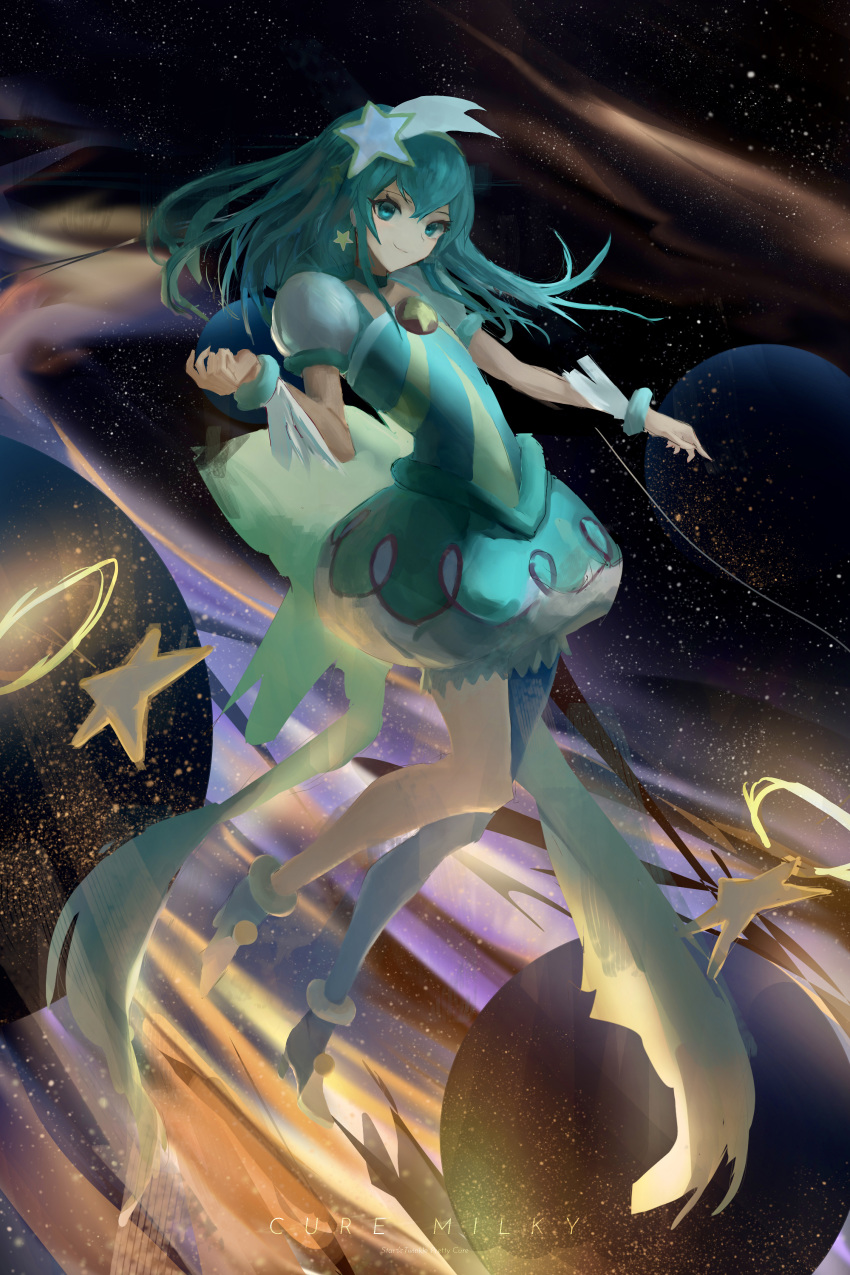 1girl absurdres aqua_choker bubble_skirt character_name cure_milky earrings full_body green_hair green_shirt hagoromo_lala hair_ornament hairband highres jewelry kaisershmarrn looking_at_viewer magical_girl planet precure see-through see-through_sleeves shirt single_leg_pantyhose skirt solo space star-shaped_pupils star_(symbol) star_color_pen star_earrings star_hair_ornament star_twinkle_precure symbol-shaped_pupils yellow_hairband zero_gravity