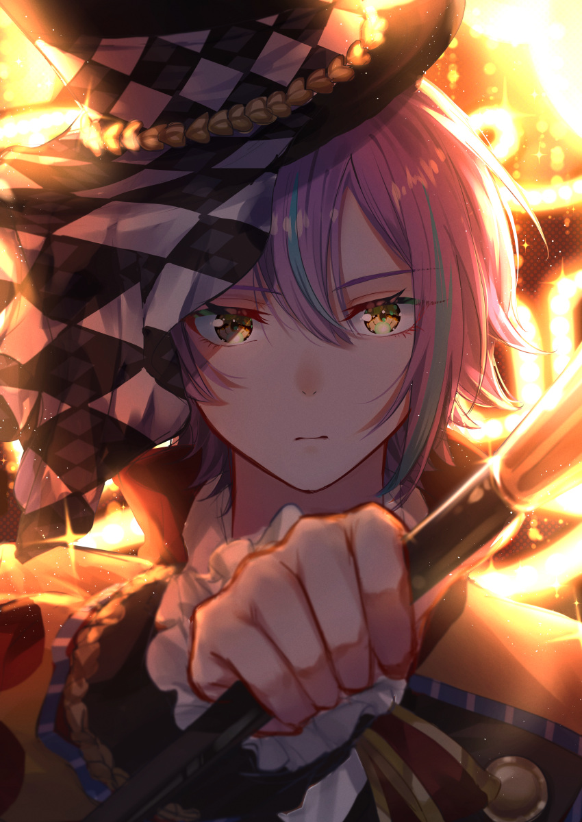 1boy absurdres asymmetrical_bangs bangs blue_hair checkered_clothes checkered_headwear closed_mouth commentary_request frilled_sleeves frills hair_between_eyes hat highres holding holding_stick kamishiro_rui long_sleeves looking_at_viewer male_focus multicolored_hair project_sekai purple_hair short_hair solo stick straight-on streaked_hair yellow_eyes yuzuha_wasa