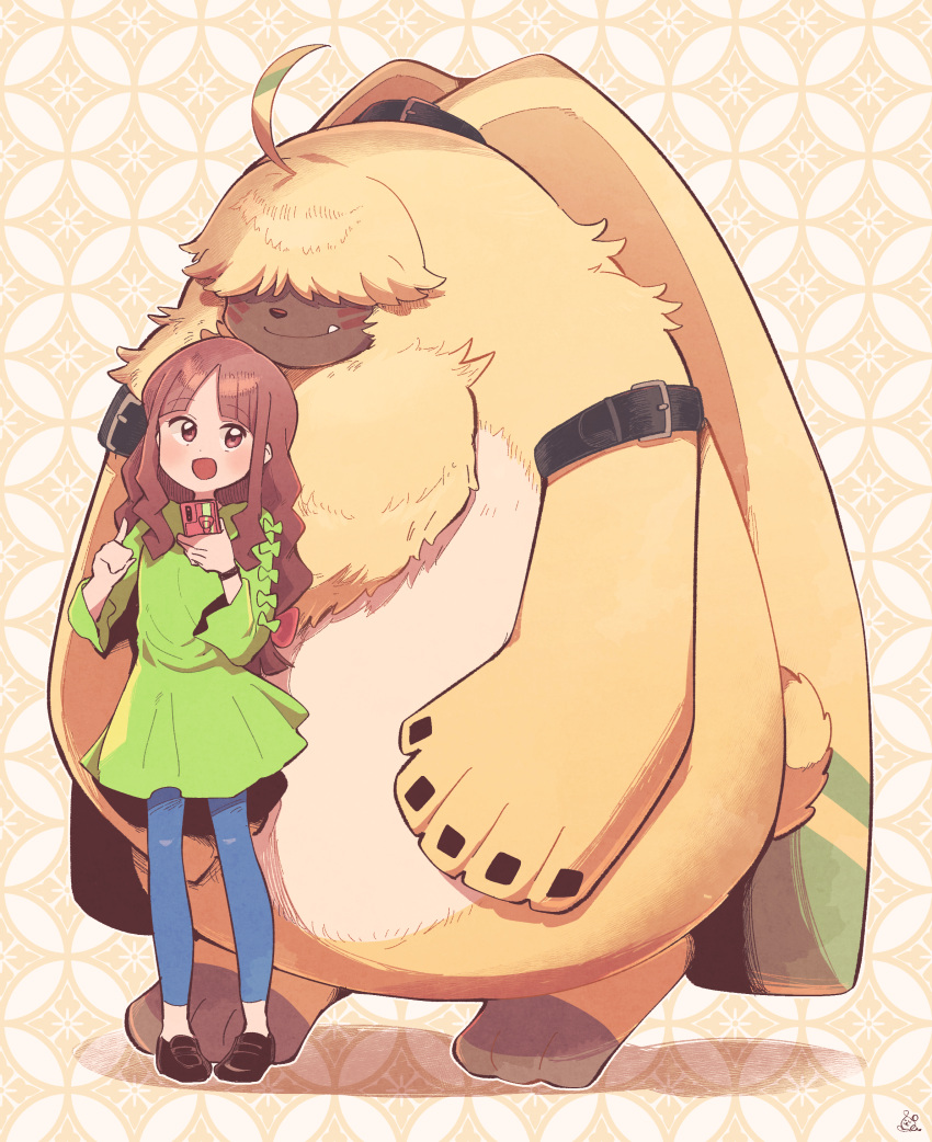 absurd_res angoramon angoramon_(ghost_game) anthro bandai_namco brown_hair digimon digimon_(species) digimon_ghost_game duo female fluffy fur hair hair_over_eyes hi_res human lagomorph leporid long_ears long_hair male mammal ponytail_ears rabbit ruri_tsukiyono sawch_cls yellow_body yellow_fur