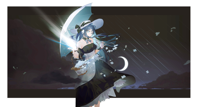 1girl absurdres alternate_costume animal_ears arknights astesia_(arknights) bare_shoulders bird_ears black_dress blue_eyes blue_hair border bright_pupils cloud crescent_moon detached_sleeves dress feet_out_of_frame flower flower_basket highres holding holding_umbrella horizon layered_dress liliyfox long_hair looking_at_viewer magic meteor_shower moon night night_sky outside_border sky solo standing star_(sky) umbrella white_border white_pupils